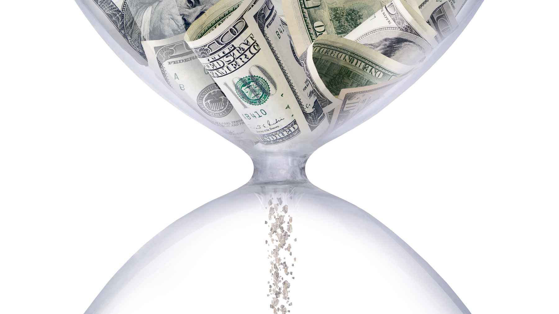 Hourglass with money in hourglass instead of sand. Time equals money.