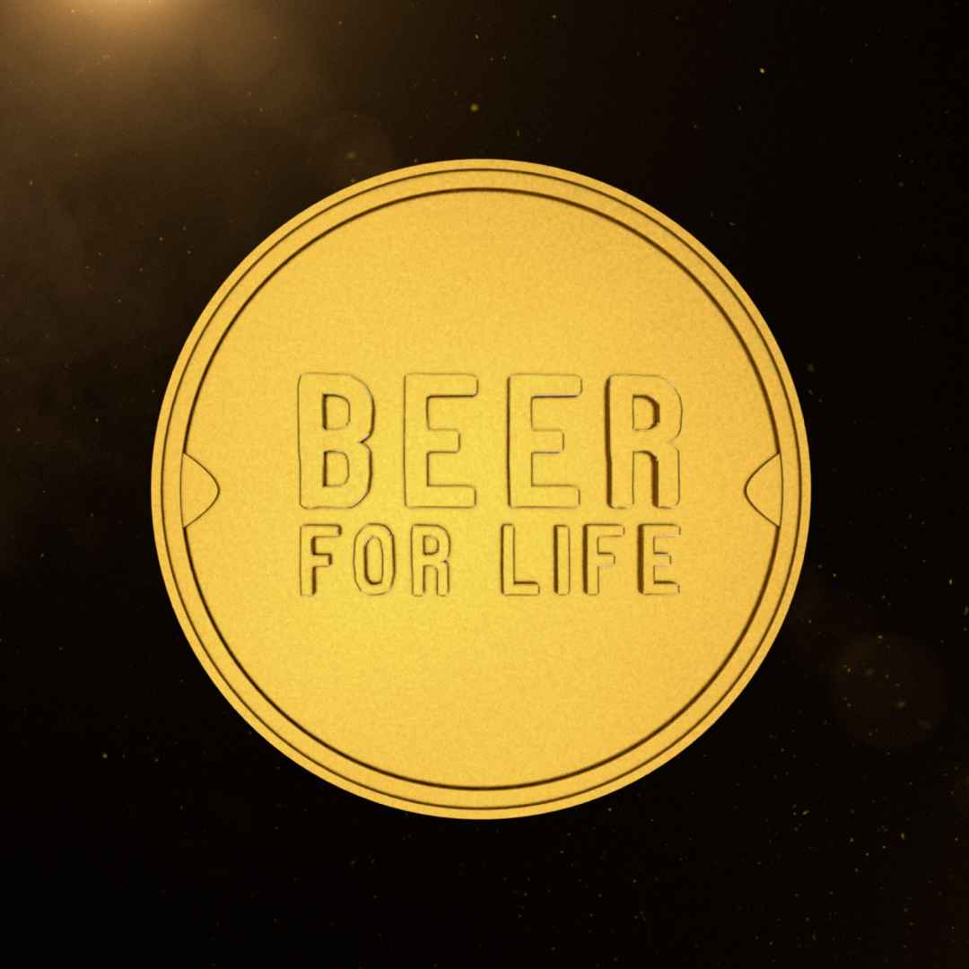Image of digital NFT. Gold coin with "Beer for life" on it against black background.