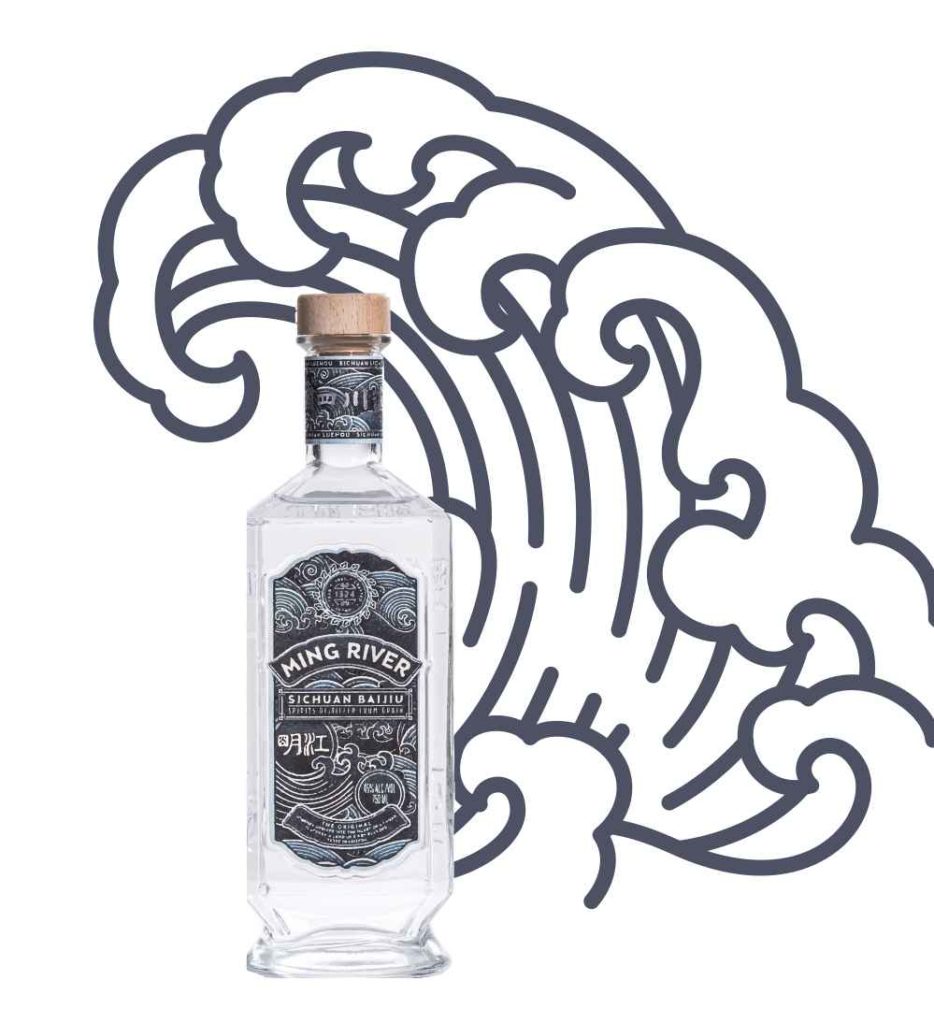 Image of Ming River baijiu against illustration of gray and white waves.
