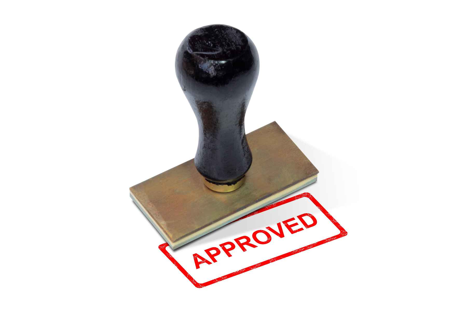 Rubber stamp stamping "approved" in red ink on white background. Liquor license approval.