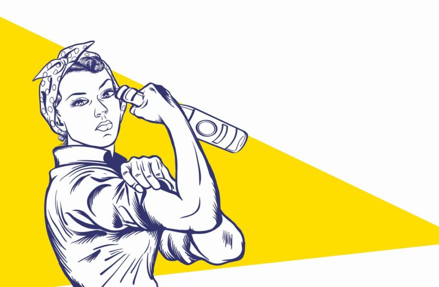 Illustration of woman wearing a bandana in her hair and holding a bottle of beer rolling up her shirt sleeve. Reference to Rosie the Riveter.