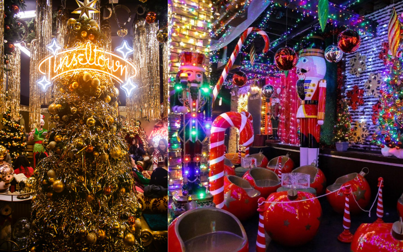 A side-by-side image of Tinseltown: Nightmare Before Xmas holiday bars, featuring lots of kitschy decor, lights, giant candy canes, and lots of tinsel 