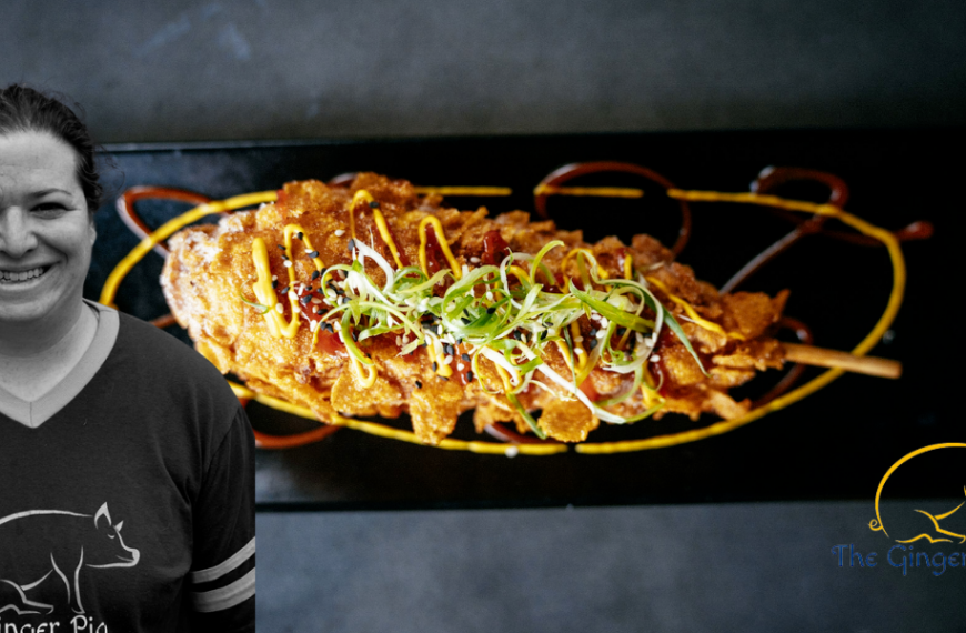 A headshot of Chef Natascha Hess of The Ginger Pig imposed over an Asian dish from the Denver restaurant
