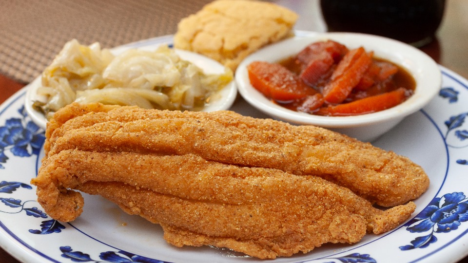 plate of fried fish with sides