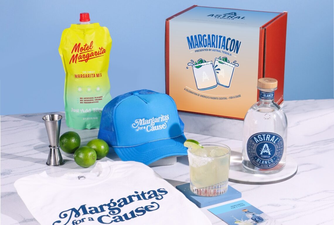 blue background with margarita fixings and hat