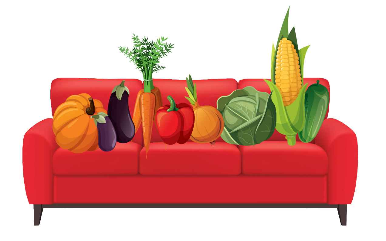 Illustration of a variety of vegetables lined up on a couch.