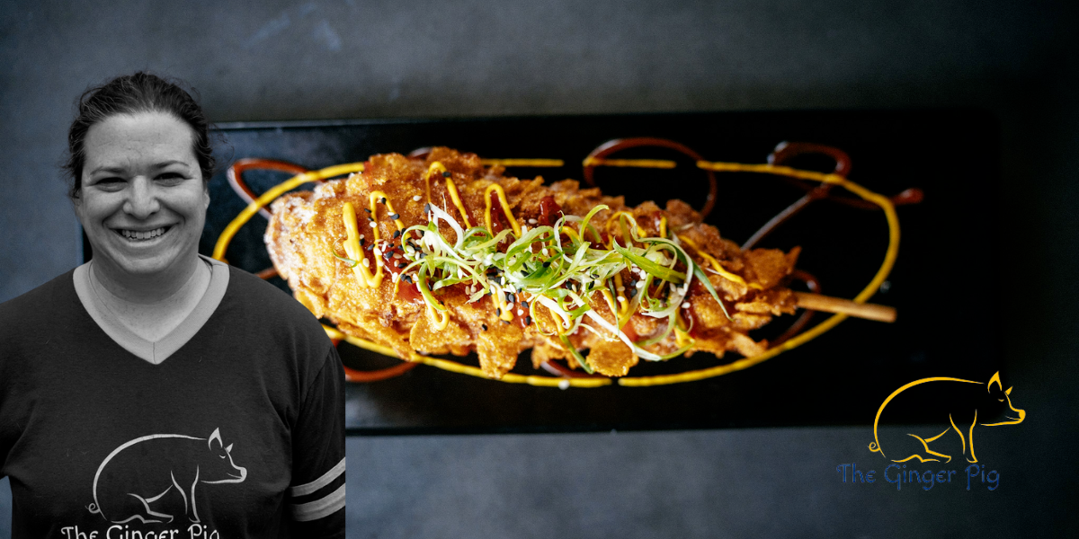 A headshot of Chef Natascha Hess of The Ginger Pig imposed over an Asian dish from the Denver restaurant