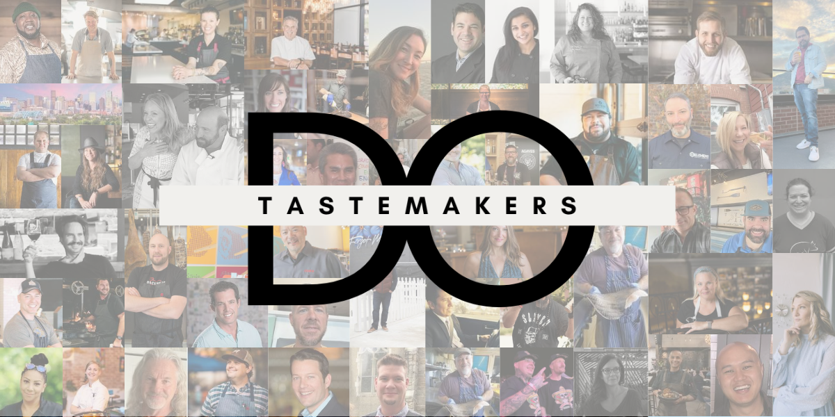 Photo grid of Denver culinary insiders overlaid with the black and white logo for DiningOut Tastemakers