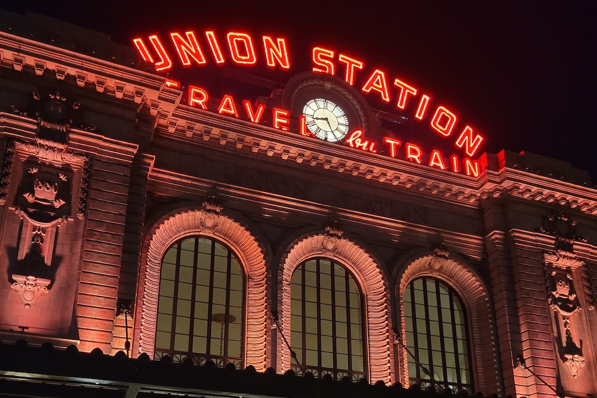 facade of denver union station at night