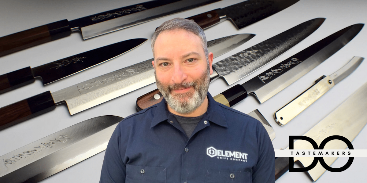 Chef Elan Wenzel of Element Knife Company superimposed over a collection of Japanese chef knives