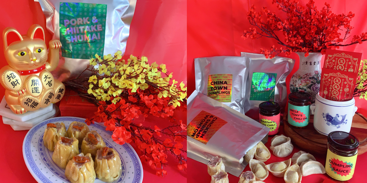 Take-home cooking kits from META Asian Kitchen are celebrating the Lunar New Year in 2023. Here they are featured on a red background with traditional Asian symbols, including red and yellow flowers.