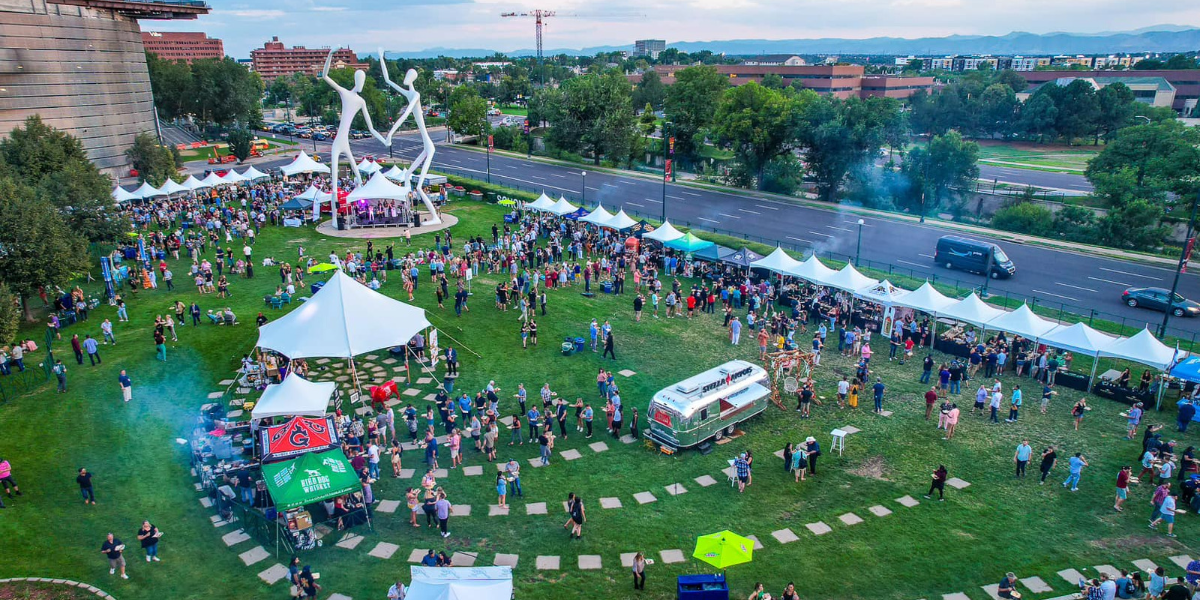 An aerial view of Sculpture Park at Denver Performing Arts Center during RARE, the Steak Championship from DiningOut Events
