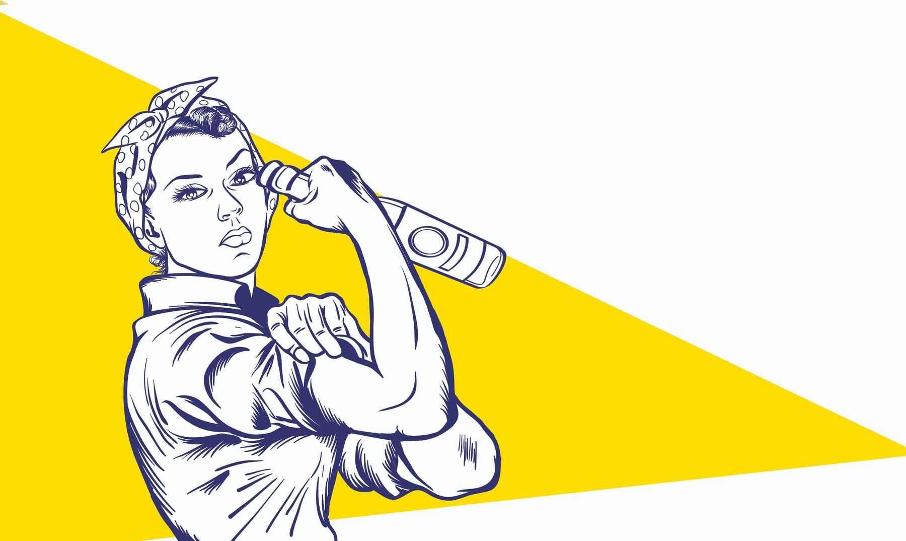 Illustration of woman wearing a bandana in her hair and holding a bottle of beer rolling up her shirt sleeve. Reference to Rosie the Riveter.