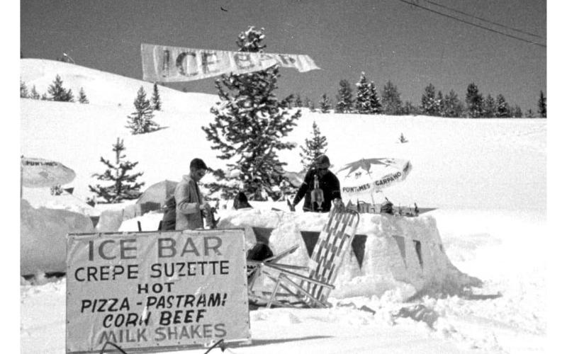An historic black-and-white photo of Vail Mountain's ice bar in the 1960s