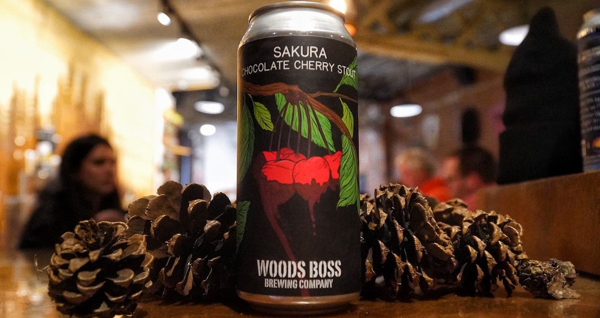 chocolate stout can with pine cones