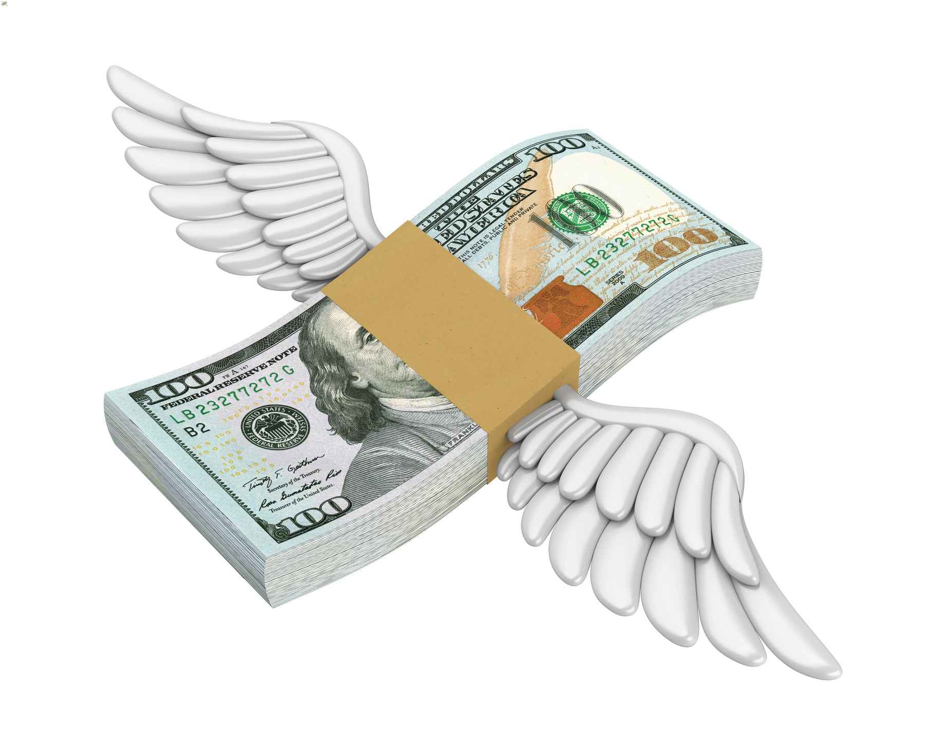 Stack of $100 bills with wings flying away.