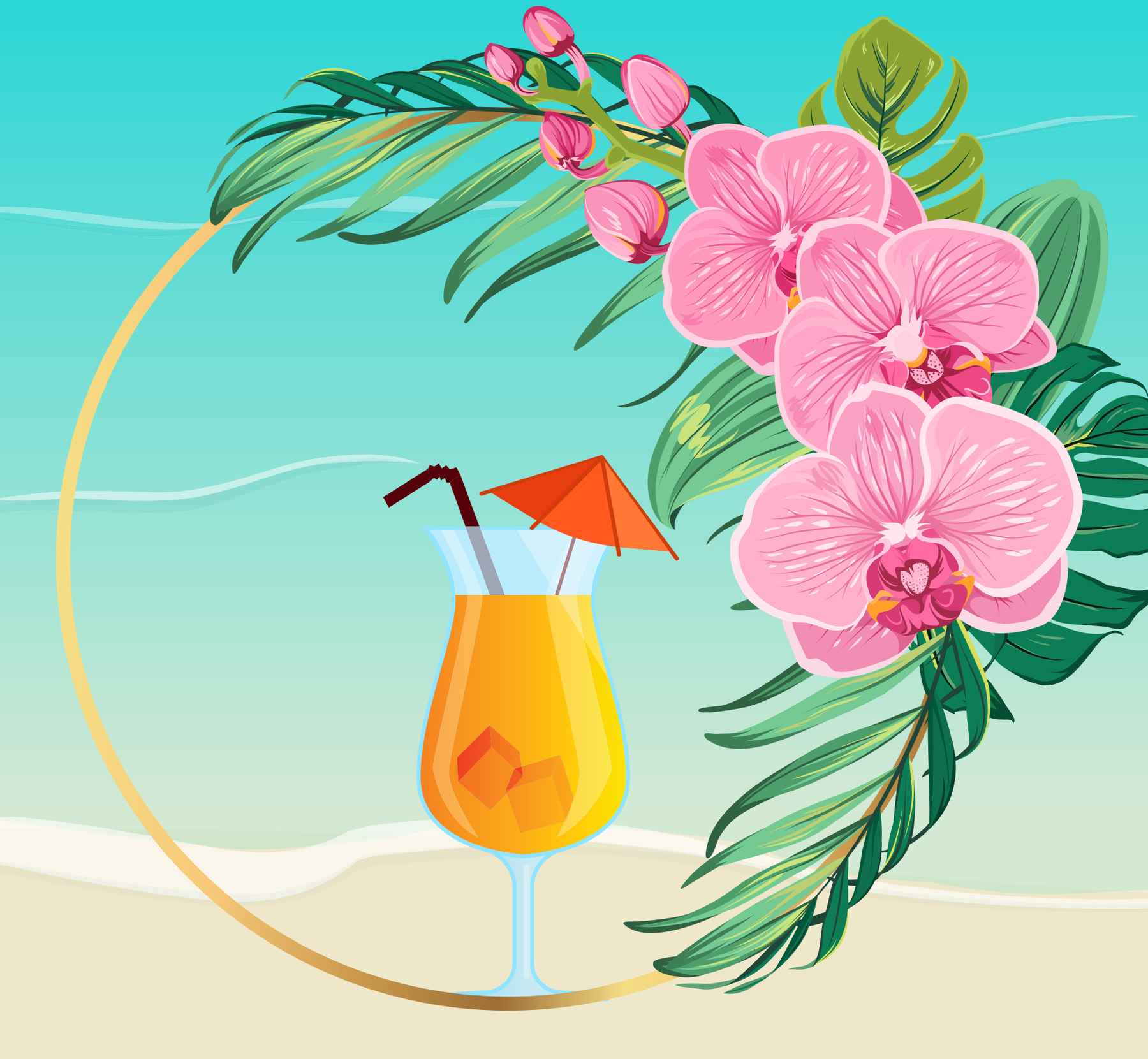 Illustration of sandy beach with clear blue-green ocean, pink hibiscus flowers, and cocktail in hurricane glass garnished with tiny umbrella. Rhum agricole recipe.