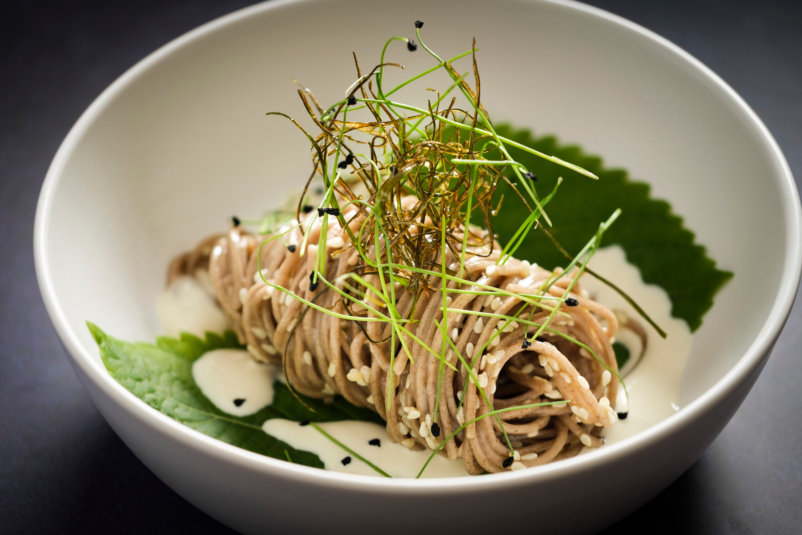 Sesame + Soba Noodles with tempura oysters and leek cream at Halo. | Photo by Kimpton Claret Hotel