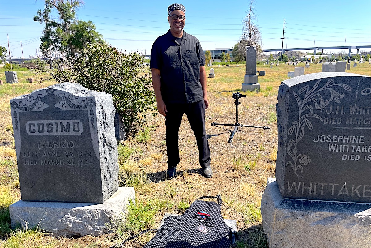 The gravestone reads, "C.B. ‘Columbus’ Hill, 1851-1923, ‘The Most Famous Barbecue Cook in the West." | Photo by Rebecca Treon