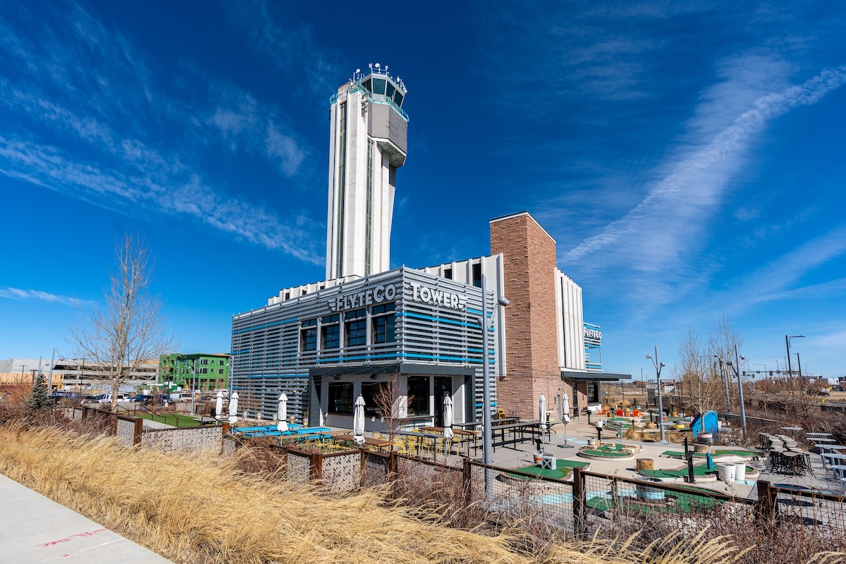 The old Stapleton Airport flight tower is now a food, drink, and entertainment space. | Photo by Flyte Co. Tower