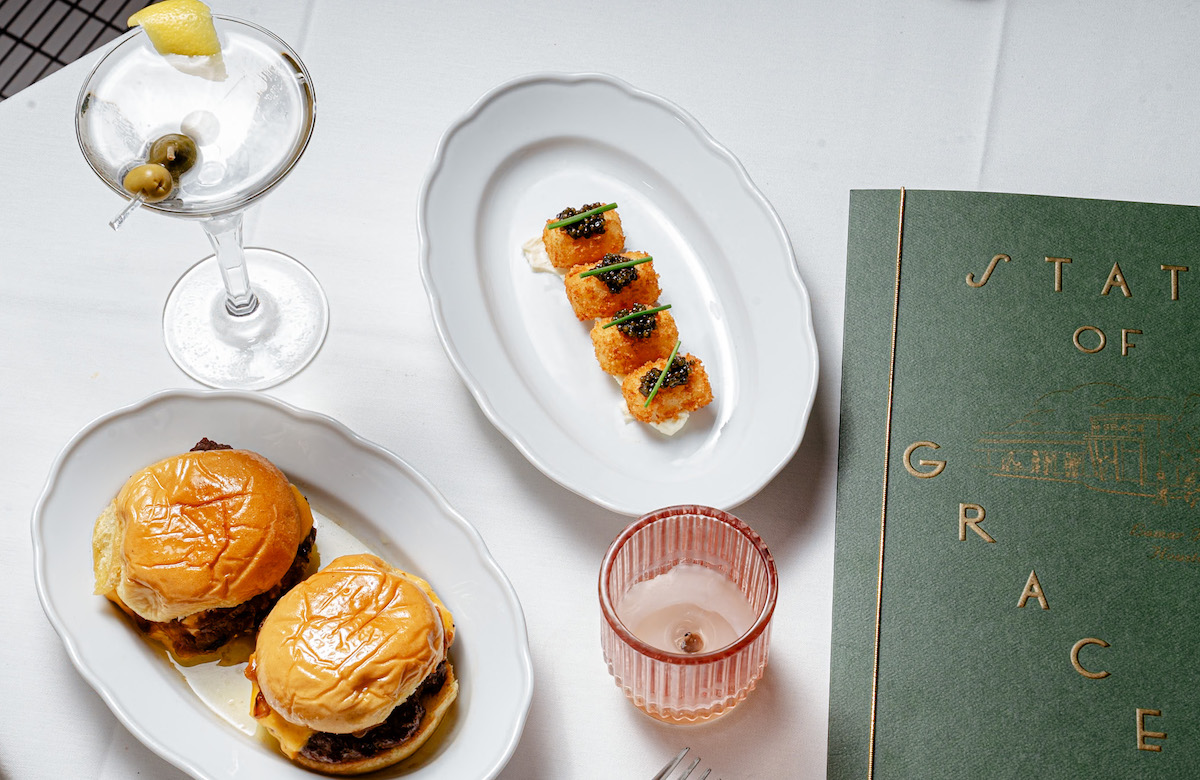 Caviar tots alongside butter burgers and a martini at State of Grace. | Photo by Rocket Farm Restaurants