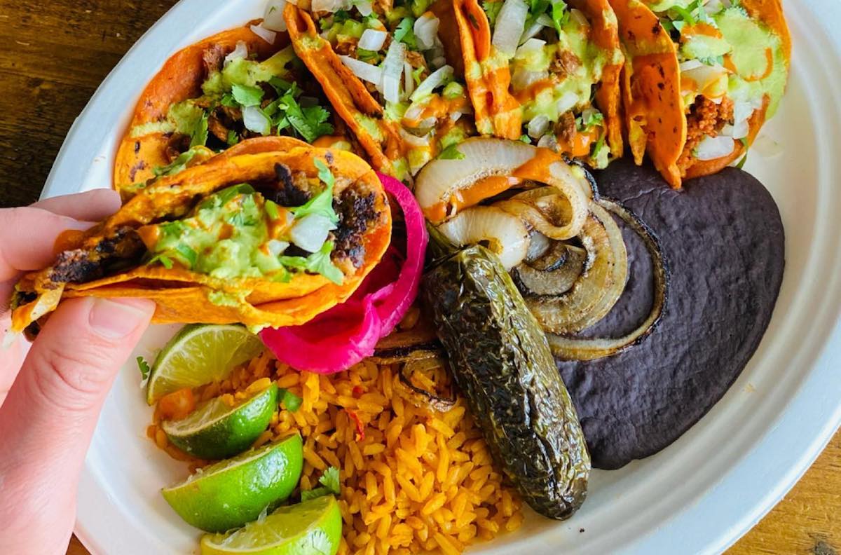 Nunos - DiningOut Taco plate with rice and beans at Nuno’s Tacos & Vegmex Grill. | Photo by Nuno’s Tacos & Vegmex Grill