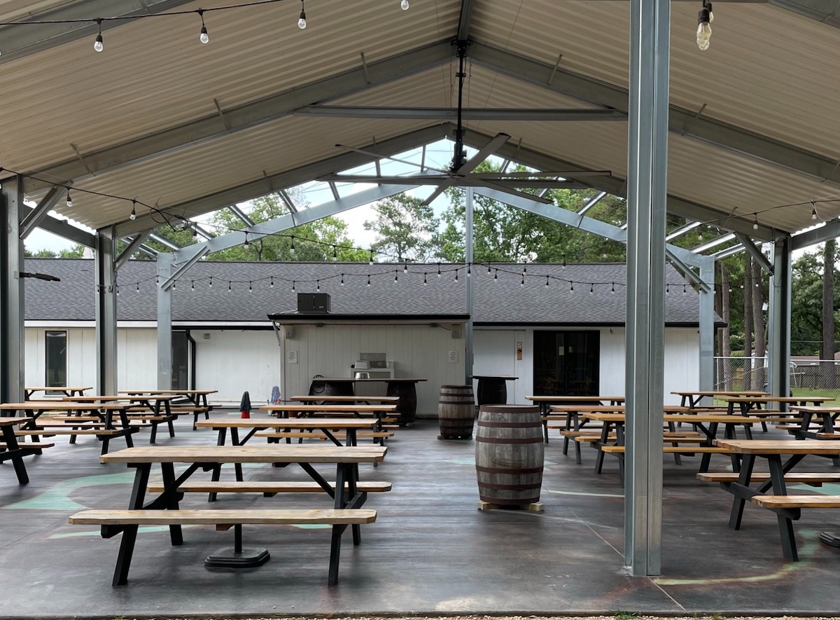 Covered outdoor seating at Back Pew Brewing. | Photo by Back Pew Brewing