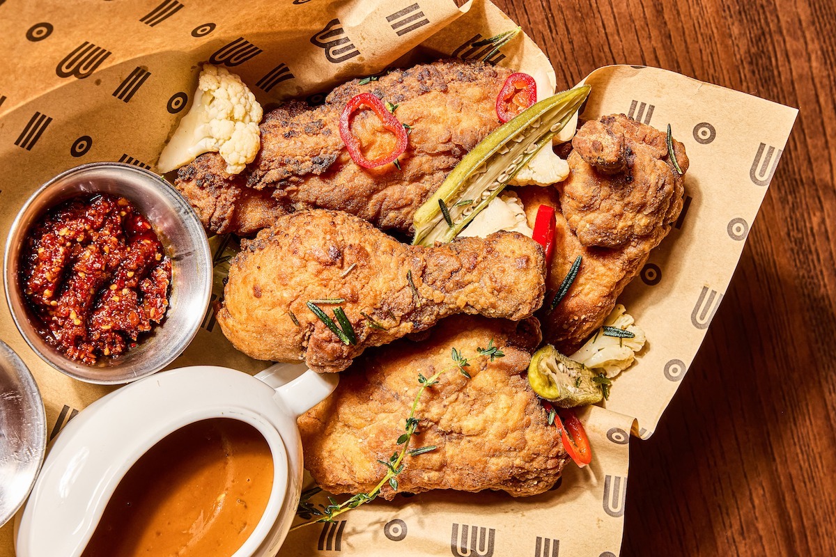 The fried chicken with peanut butter gravy at Bar Bludorn. | Photo by Bethany Ochs