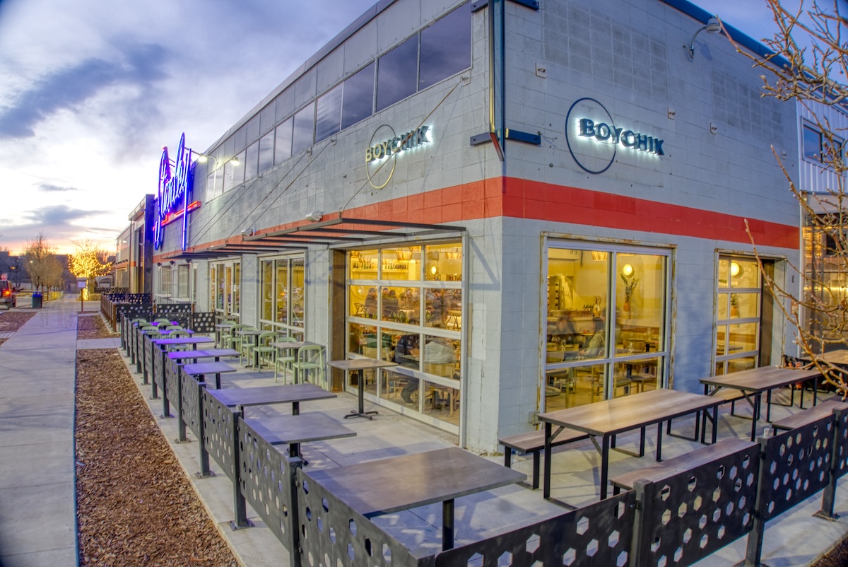 sunset with glowing white building