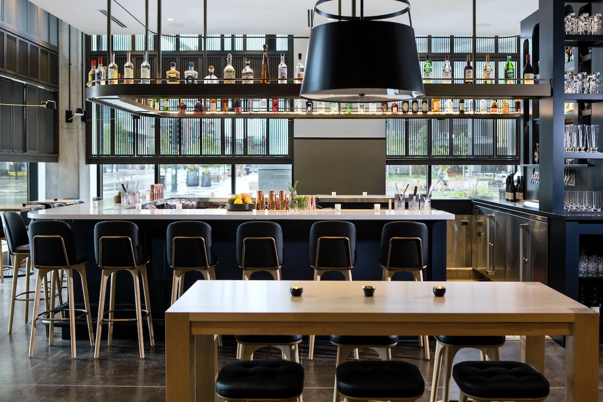 wood tables with black chairs