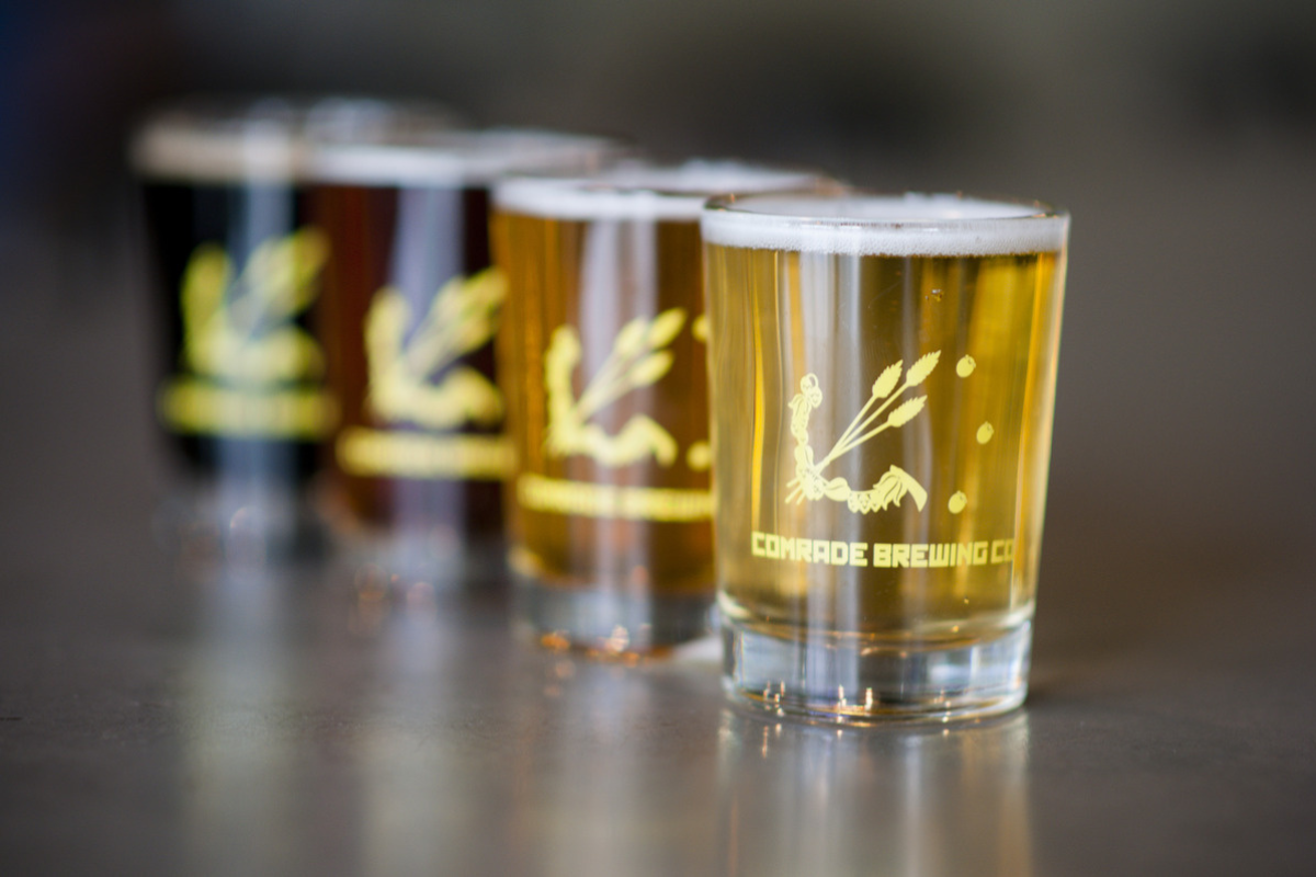 Flight of beers from Comrade Brewing Company in Denver, Colorado, featuring a range of styles in branded tasting glasses lined up on a bar counter.