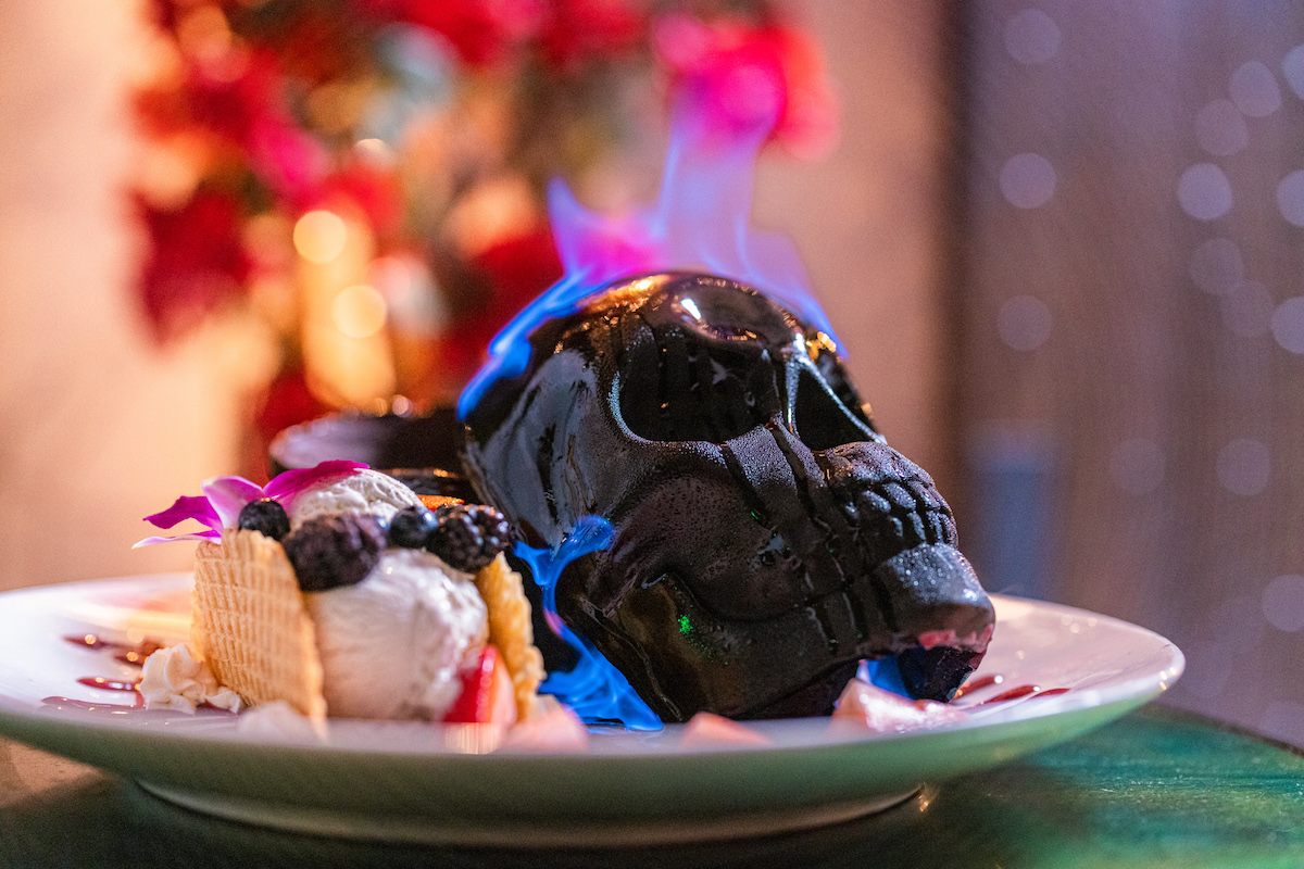The flaming skull at Te Deseo. | Photo by Harwood Hospitality Group