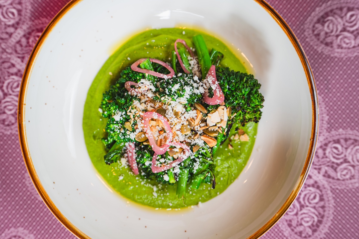 white plate with green sauce