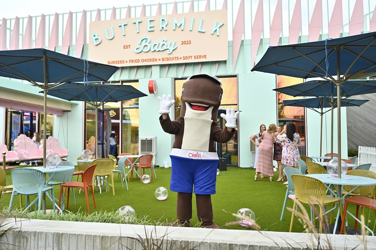 Fudgie the Whale, Carvel's mascot, greets guests at Buttermilk Baby. | Photo by Alex Montoya