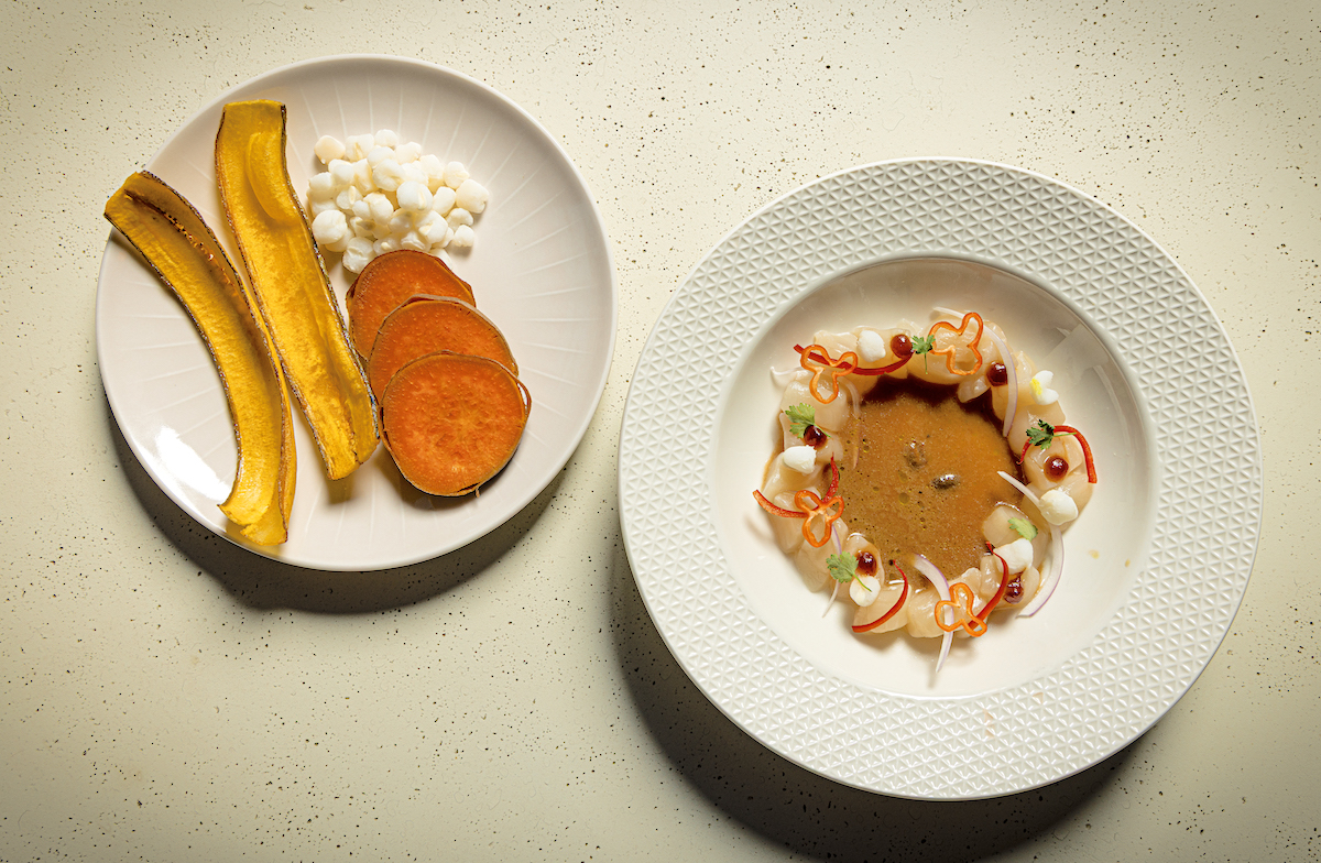 Hokkaido scallop ceviche with corn coconut plantain chips at Kitchen Rumors. | Photo by Chris Furia