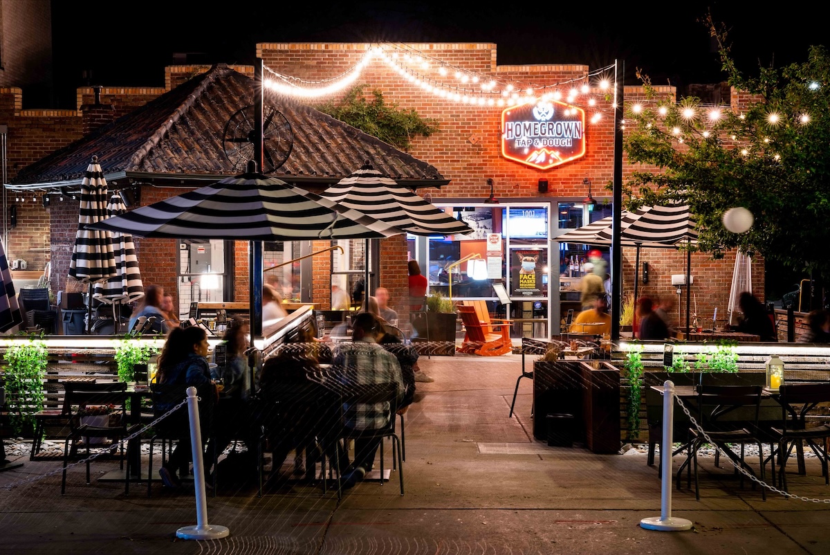 homegrown tap and dough patio at night