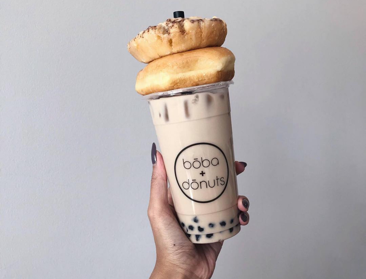 A double donut topped boba tea at Boba + Donuts. | Photo by Boba + Donuts