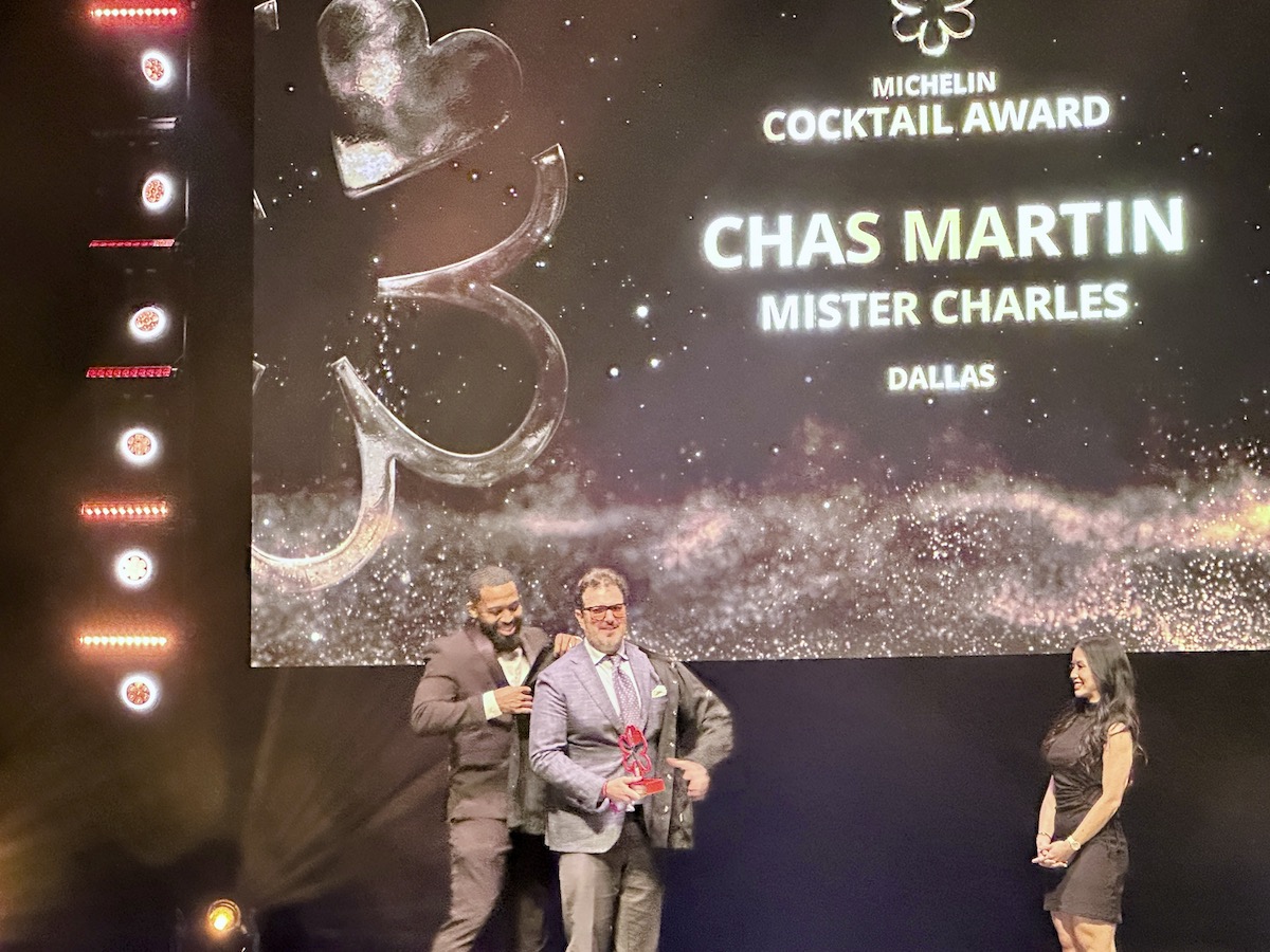Chas Martin of Mister Charles receives the Michelin Exceptional Cocktails Award at the 2025 Michelin Awards Texas ceremony. | Photo by Megha McSwain

