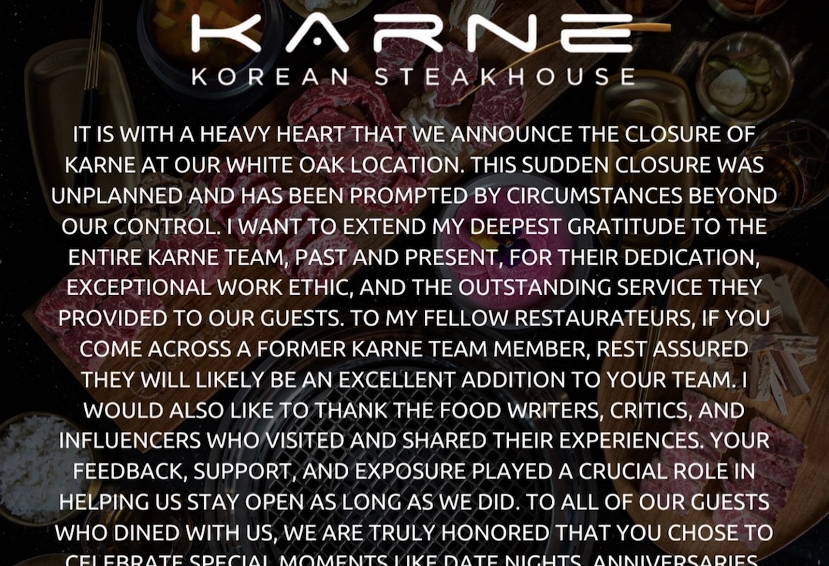 Karne Steakhouse announces its closure on Instagram. | Photo by Karne Steakhouse