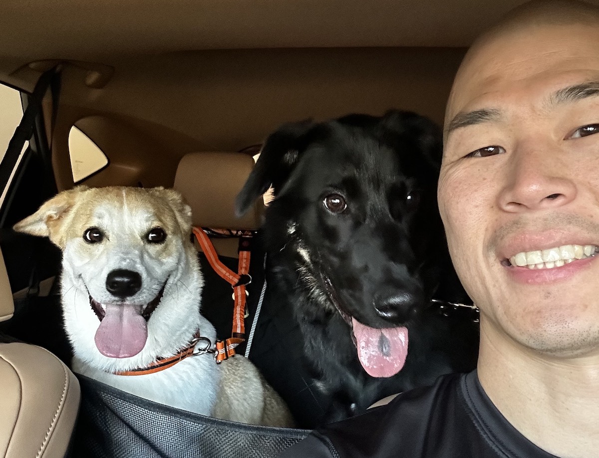 - DiningOut Kazuhito “Kaz” Mabuchi, the executive chef-partner of Namo, with his dogs Kai and Yuzu. | Photo courtesy of Kazuhito Mabuchi