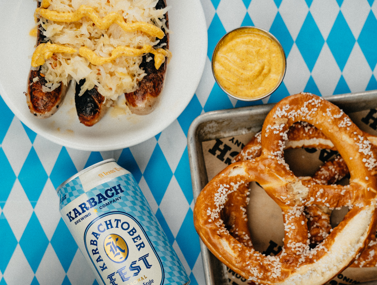 Sausage, pretzels, and beer at Karbachtoberfest. | Photo by Karbach Brewing Co.