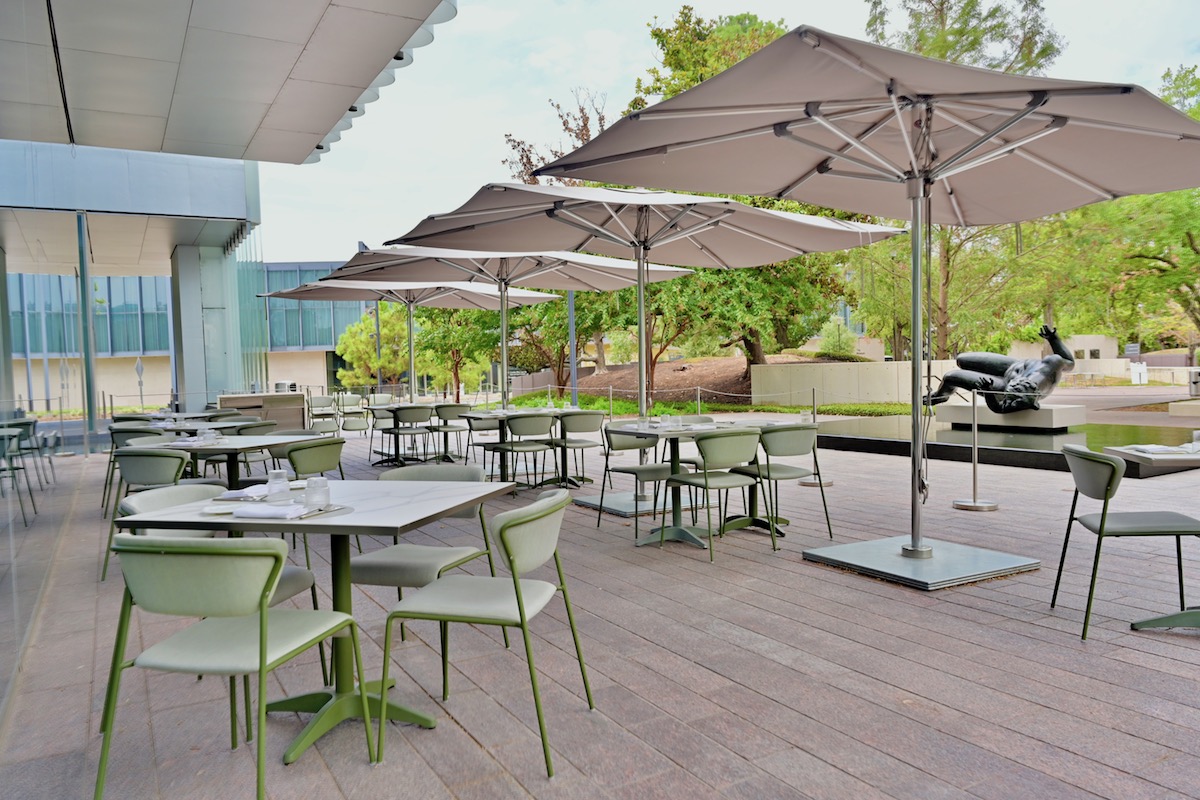 The patio at Le Jardinier with views of the Museum of Fine Arts Houston's sculpture garden. | Photo by Alex Montoya