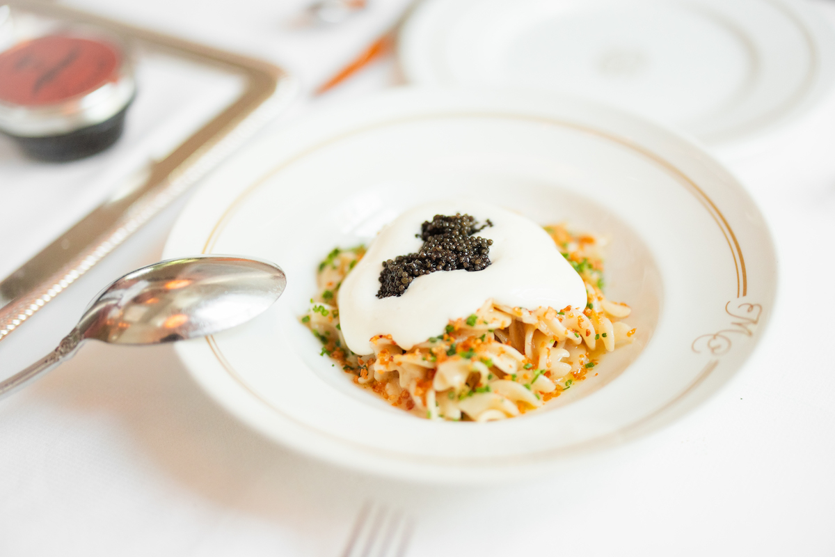 Pasta topped with caviar at Mister Charles. | Photo by Lindsey Miller PR