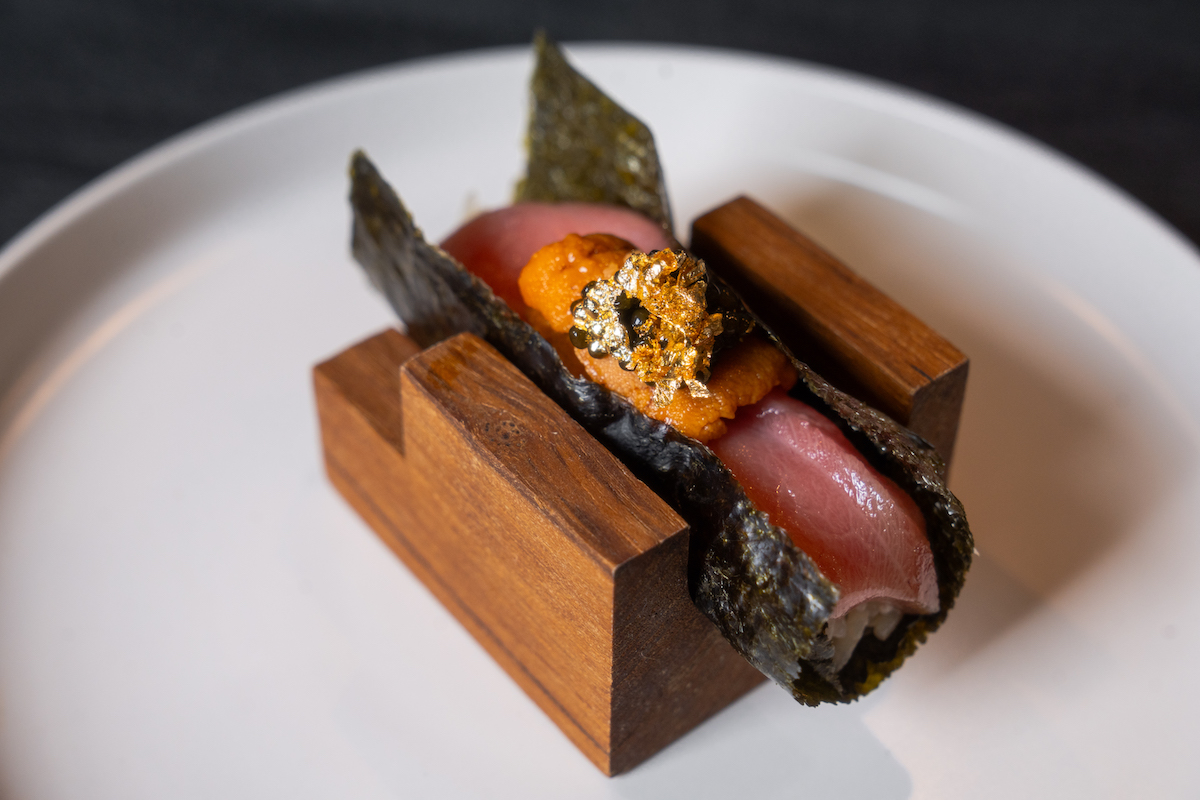 Toro, uni, and caviar hand roll at Norigami. | Photo by Norigami