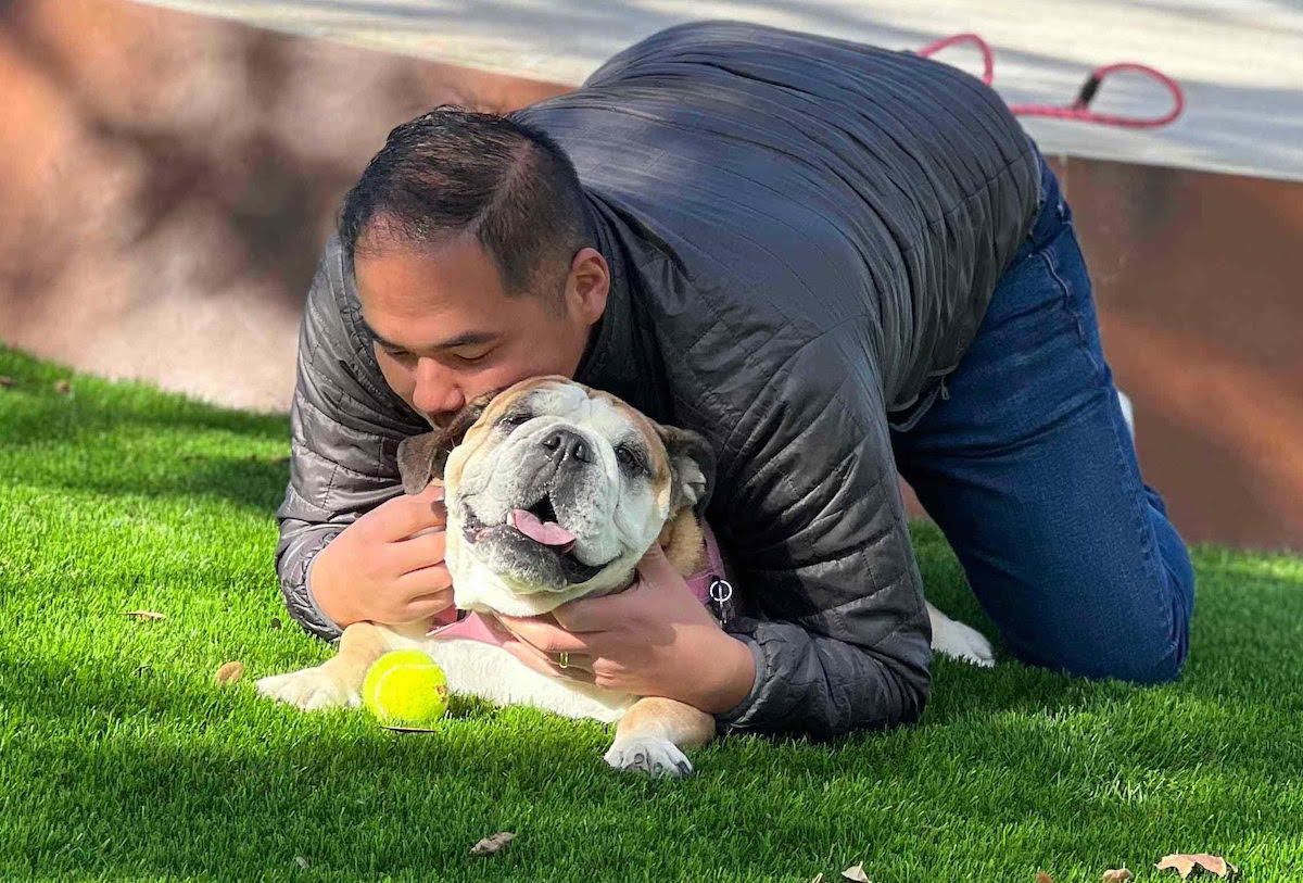 Patrick Pham of Duckstache Hospitality with his English bulldog Lulu. | Photo courtesy of Patrick Pham