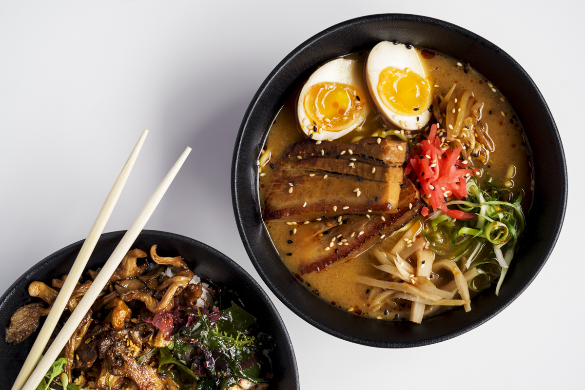 A roasted mushroom rice bowl and karamiso ramen from Peko Peko. | Photo by Ashley Beguin