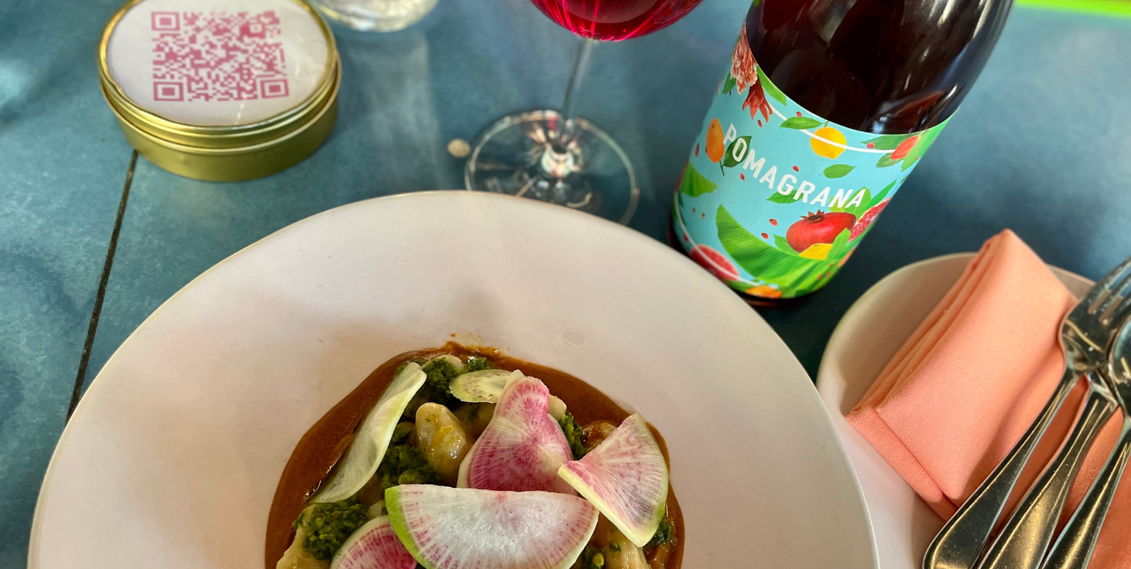 Choosing a wine was a fun and collaborative experience and I ultimately landed on an irresistibly playful glass of Lectores Vini winery’s ‘Pomagrana’ from Conca de Barberà in Catalonia, Spain. A blend of mostly the Trepat grape with a splash of Tempranillo for structure, the wine is halfway between a rosado, or Spanish rosé, and a light-bodied, chillable red.