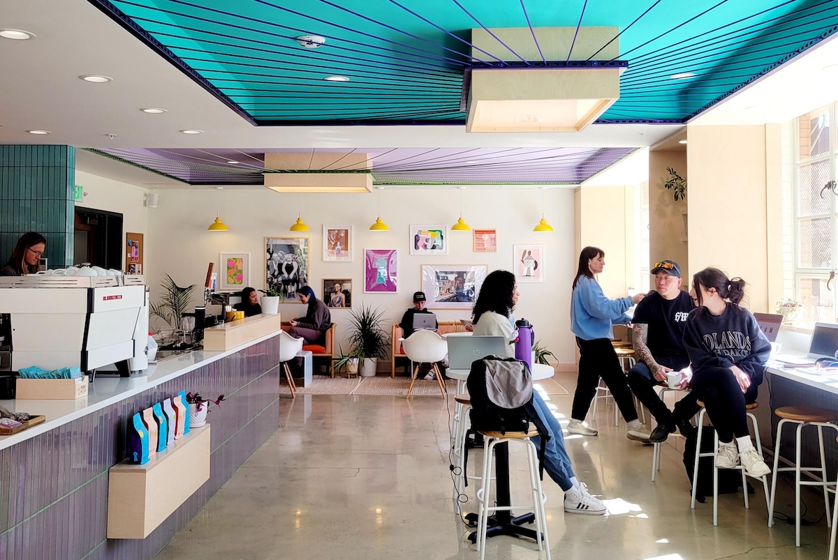 coffee shop with blue ceiling