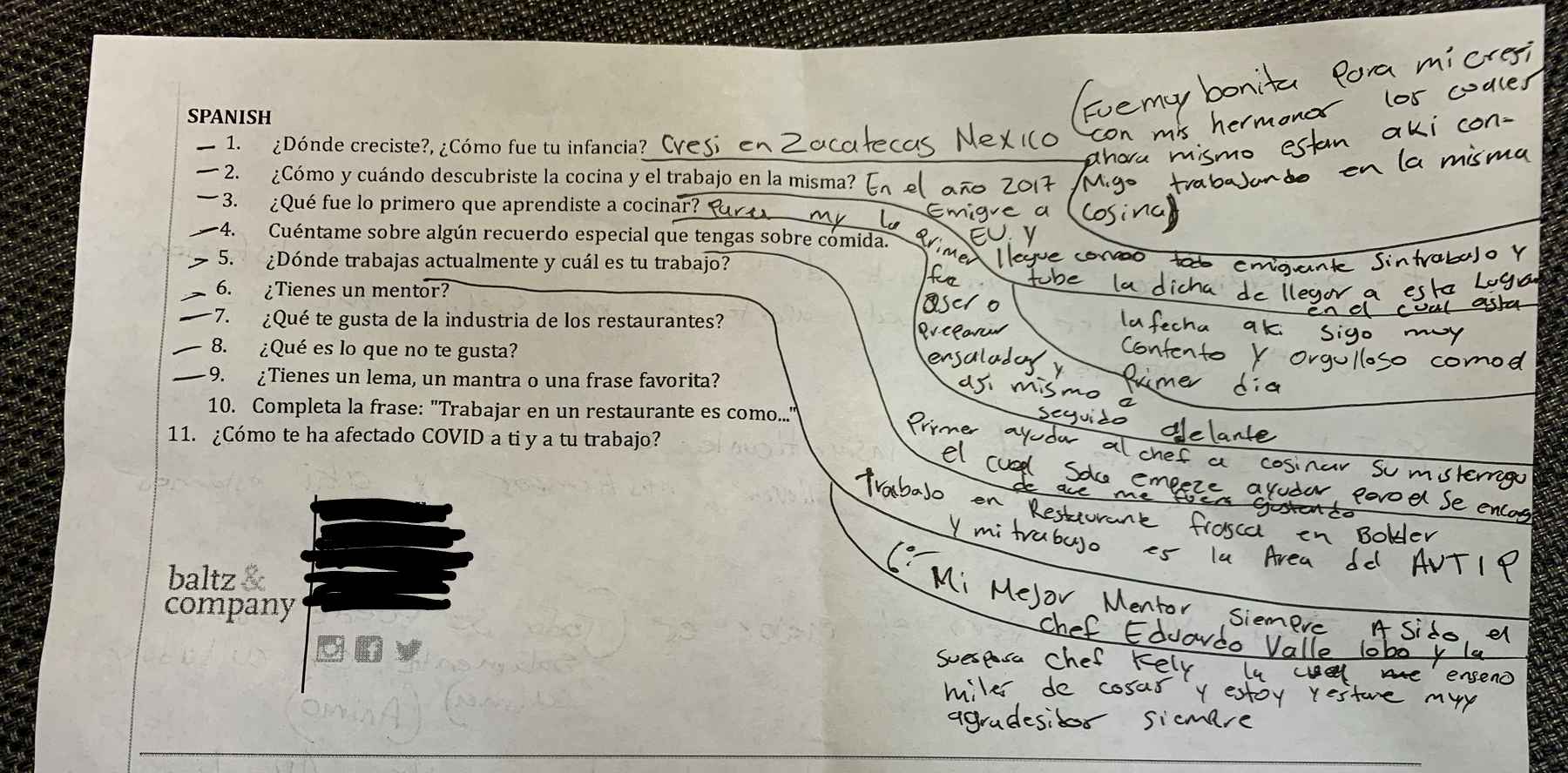 Handwritten list of answers in Spanish for Kitchen Culture Q&A unsung heroes.