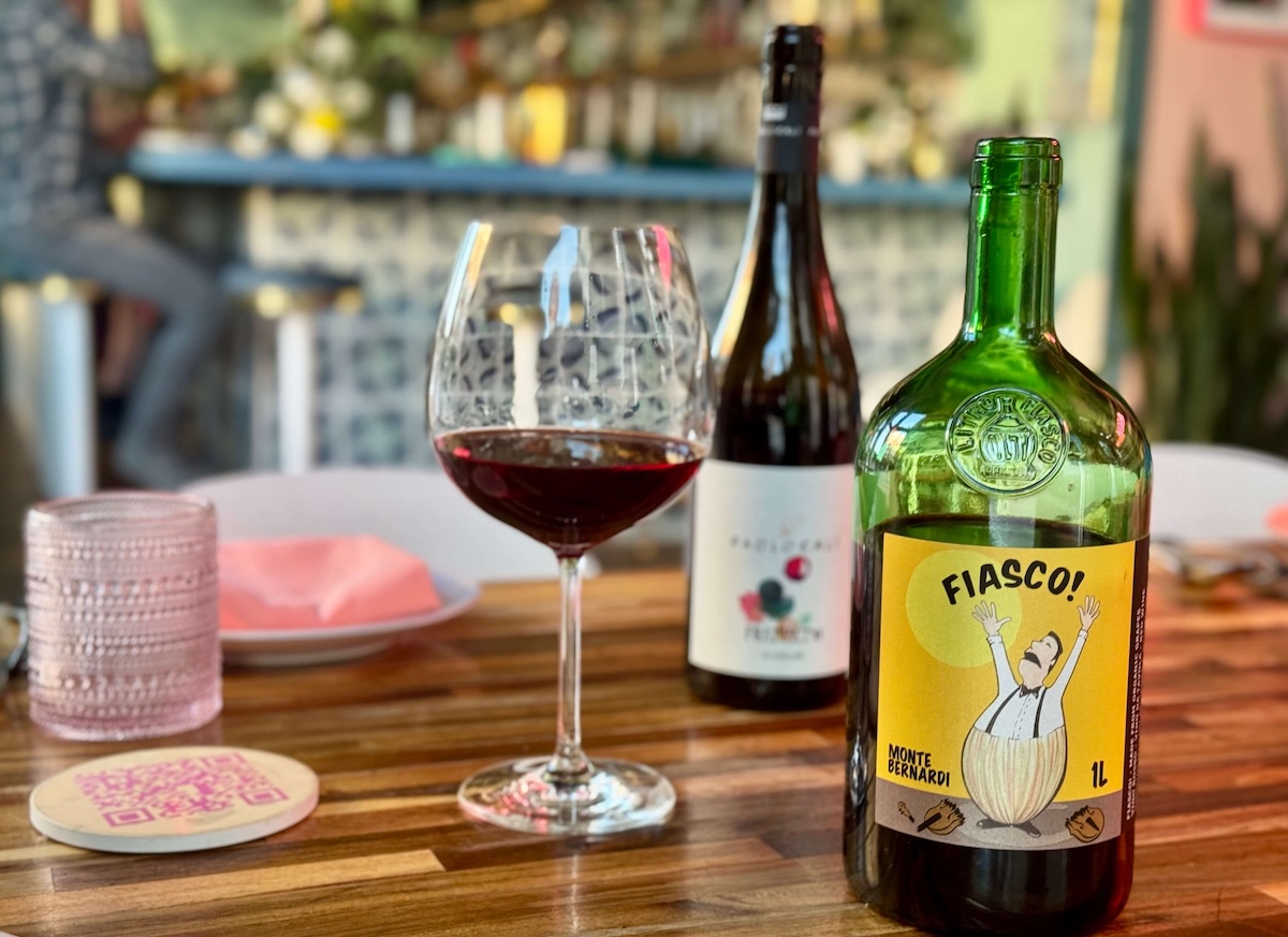 Monte Bernardi Fiasco Vino Rosso, now pouring. | Photo by Montana Rae